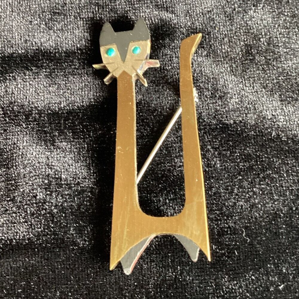 Vintage Sterling Silver Taxco Tono Piedra Negra Cat Brooch Pin Turquoise Inlay